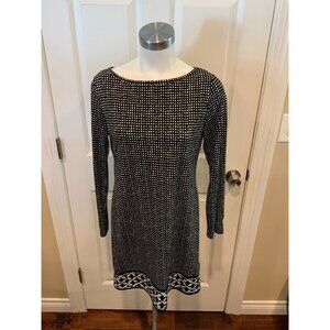 Michael Kors Black & White Polka Dot Print Long Sleeve Trapeze Dress, Size M